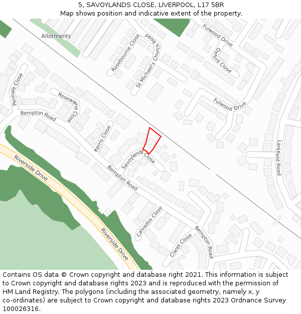 5, SAVOYLANDS CLOSE, LIVERPOOL, L17 5BR: Location map and indicative extent of plot