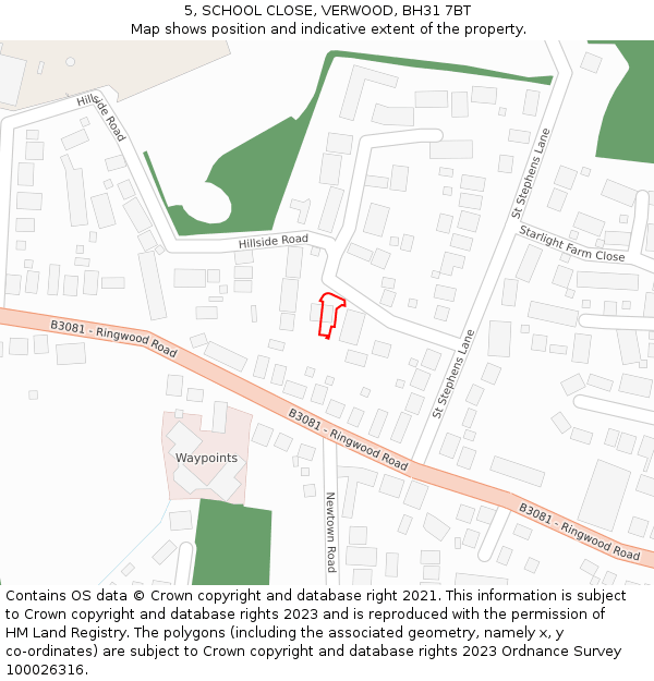 5, SCHOOL CLOSE, VERWOOD, BH31 7BT: Location map and indicative extent of plot