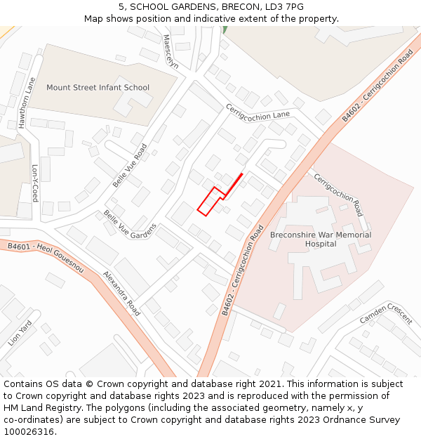 5, SCHOOL GARDENS, BRECON, LD3 7PG: Location map and indicative extent of plot