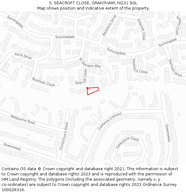 5, SEACROFT CLOSE, GRANTHAM, NG31 9GL: Location map and indicative extent of plot