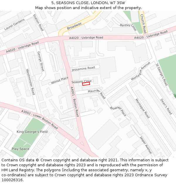 5, SEASONS CLOSE, LONDON, W7 3SW: Location map and indicative extent of plot