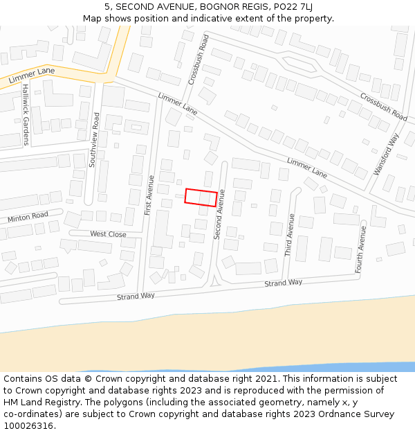 5, SECOND AVENUE, BOGNOR REGIS, PO22 7LJ: Location map and indicative extent of plot