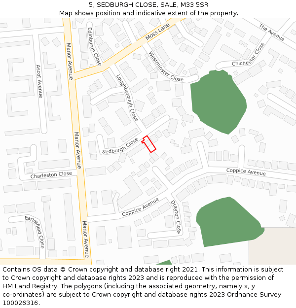 5, SEDBURGH CLOSE, SALE, M33 5SR: Location map and indicative extent of plot