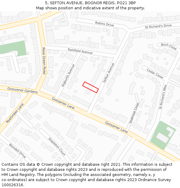 5, SEFTON AVENUE, BOGNOR REGIS, PO21 3BP: Location map and indicative extent of plot