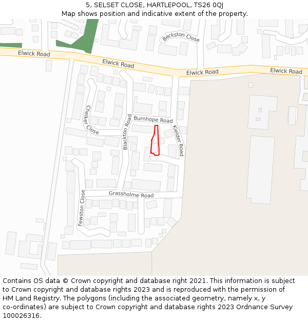 5, SELSET CLOSE, HARTLEPOOL, TS26 0QJ: Location map and indicative extent of plot