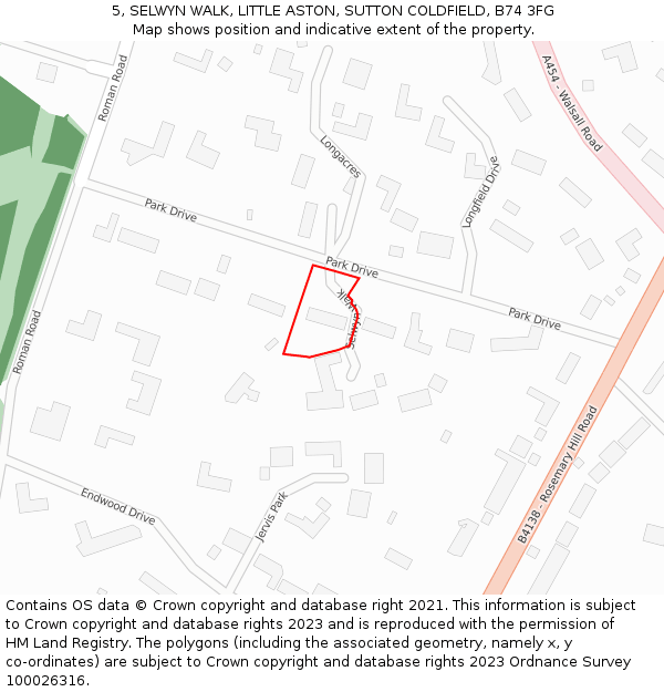 5, SELWYN WALK, LITTLE ASTON, SUTTON COLDFIELD, B74 3FG: Location map and indicative extent of plot