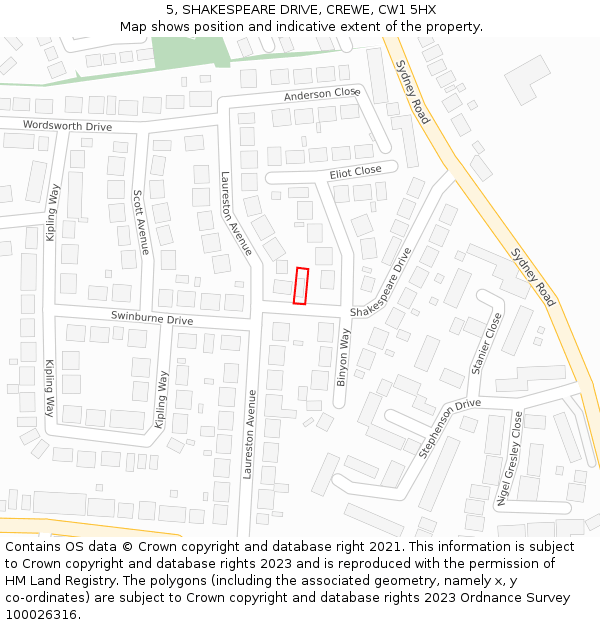 5, SHAKESPEARE DRIVE, CREWE, CW1 5HX: Location map and indicative extent of plot