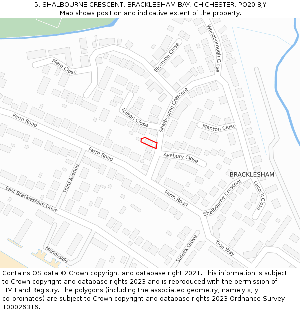 5, SHALBOURNE CRESCENT, BRACKLESHAM BAY, CHICHESTER, PO20 8JY: Location map and indicative extent of plot