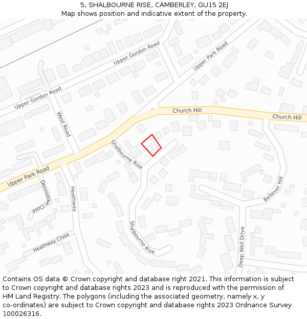 5, SHALBOURNE RISE, CAMBERLEY, GU15 2EJ: Location map and indicative extent of plot