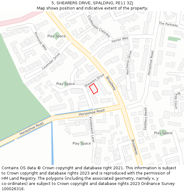 5, SHEARERS DRIVE, SPALDING, PE11 3ZJ: Location map and indicative extent of plot