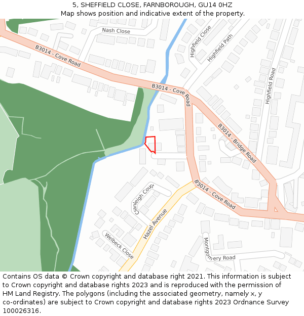 5, SHEFFIELD CLOSE, FARNBOROUGH, GU14 0HZ: Location map and indicative extent of plot