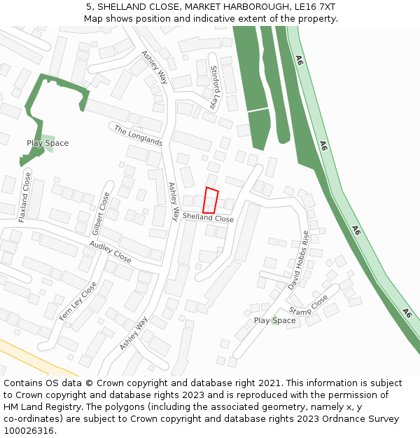 5, SHELLAND CLOSE, MARKET HARBOROUGH, LE16 7XT: Location map and indicative extent of plot