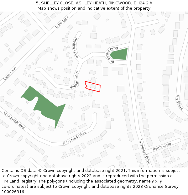 5, SHELLEY CLOSE, ASHLEY HEATH, RINGWOOD, BH24 2JA: Location map and indicative extent of plot