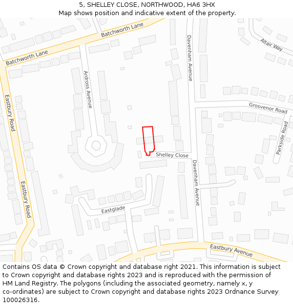 5, SHELLEY CLOSE, NORTHWOOD, HA6 3HX: Location map and indicative extent of plot