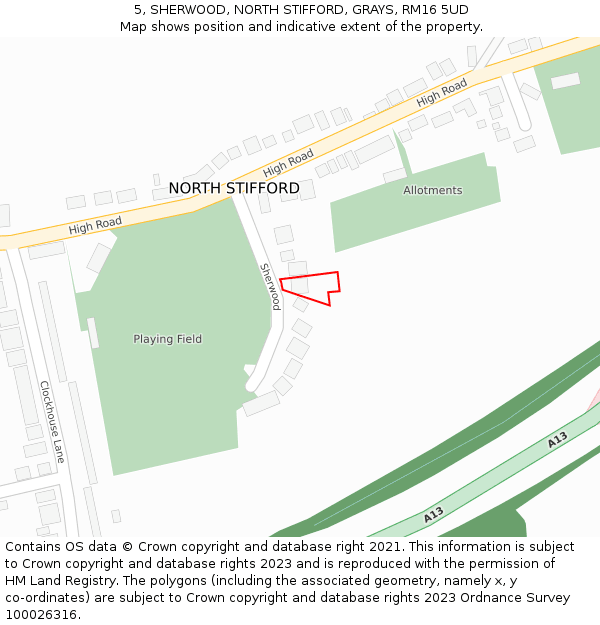 5, SHERWOOD, NORTH STIFFORD, GRAYS, RM16 5UD: Location map and indicative extent of plot