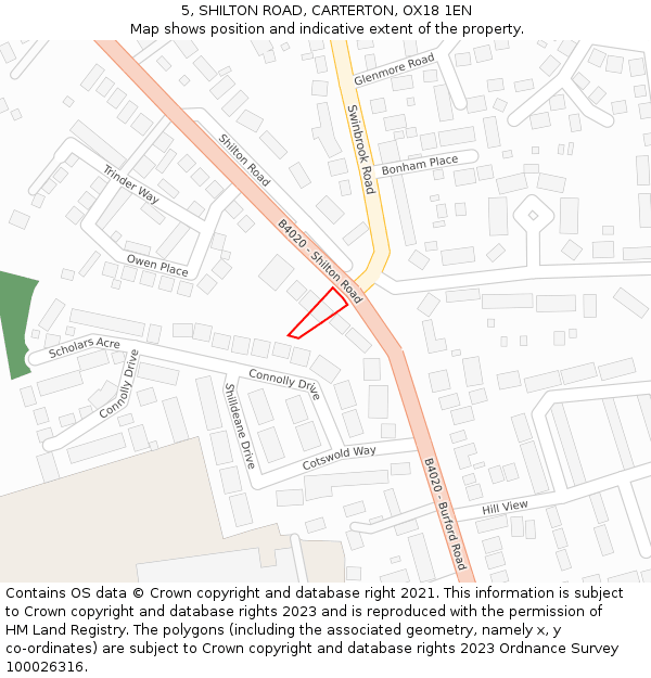 5, SHILTON ROAD, CARTERTON, OX18 1EN: Location map and indicative extent of plot