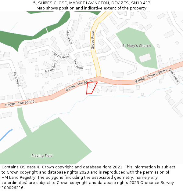 5, SHIRES CLOSE, MARKET LAVINGTON, DEVIZES, SN10 4FB: Location map and indicative extent of plot