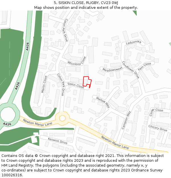 5, SISKIN CLOSE, RUGBY, CV23 0WJ: Location map and indicative extent of plot