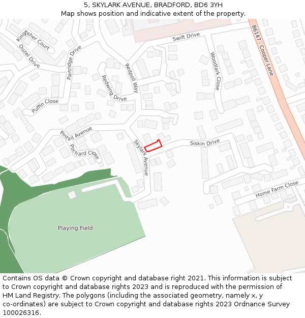5, SKYLARK AVENUE, BRADFORD, BD6 3YH: Location map and indicative extent of plot