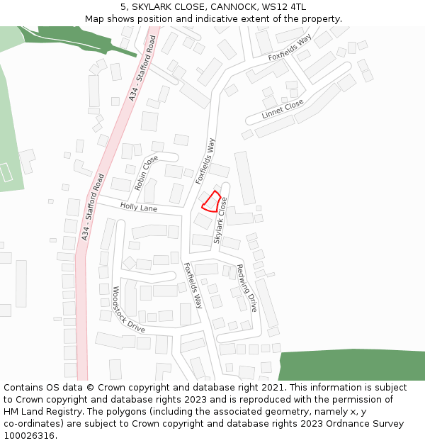 5, SKYLARK CLOSE, CANNOCK, WS12 4TL: Location map and indicative extent of plot
