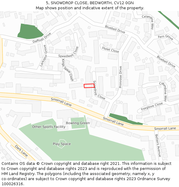 5, SNOWDROP CLOSE, BEDWORTH, CV12 0GN: Location map and indicative extent of plot