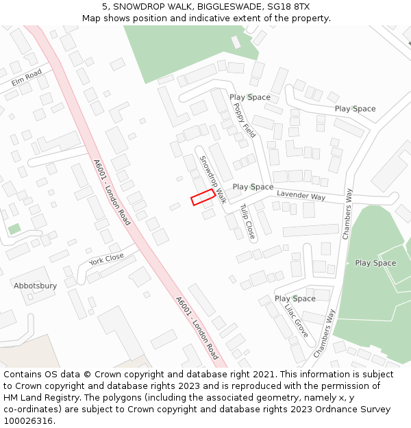 5, SNOWDROP WALK, BIGGLESWADE, SG18 8TX: Location map and indicative extent of plot