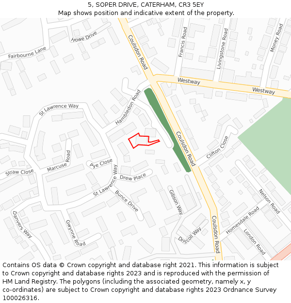 5, SOPER DRIVE, CATERHAM, CR3 5EY: Location map and indicative extent of plot