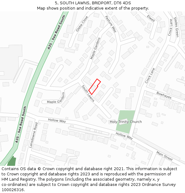 5, SOUTH LAWNS, BRIDPORT, DT6 4DS: Location map and indicative extent of plot