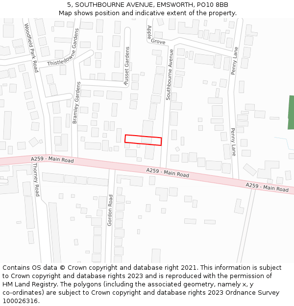 5, SOUTHBOURNE AVENUE, EMSWORTH, PO10 8BB: Location map and indicative extent of plot