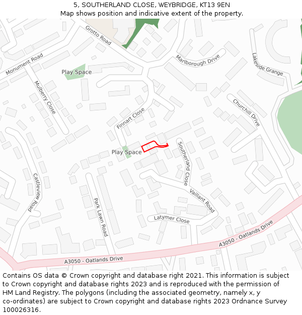 5, SOUTHERLAND CLOSE, WEYBRIDGE, KT13 9EN: Location map and indicative extent of plot