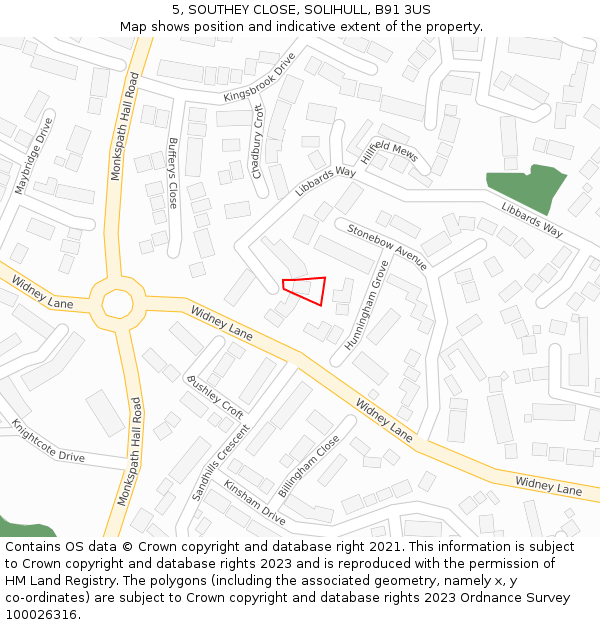 5, SOUTHEY CLOSE, SOLIHULL, B91 3US: Location map and indicative extent of plot