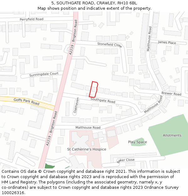 5, SOUTHGATE ROAD, CRAWLEY, RH10 6BL: Location map and indicative extent of plot