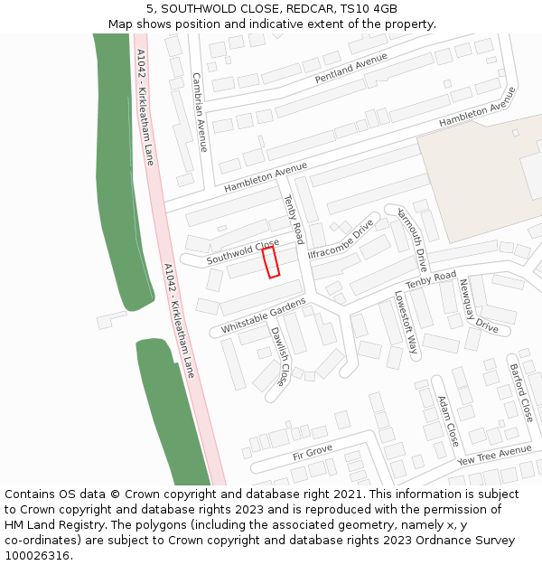 5, SOUTHWOLD CLOSE, REDCAR, TS10 4GB: Location map and indicative extent of plot