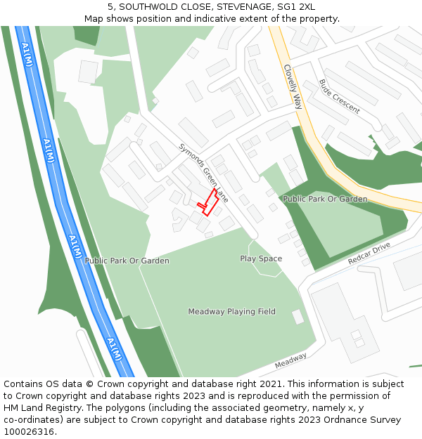 5, SOUTHWOLD CLOSE, STEVENAGE, SG1 2XL: Location map and indicative extent of plot