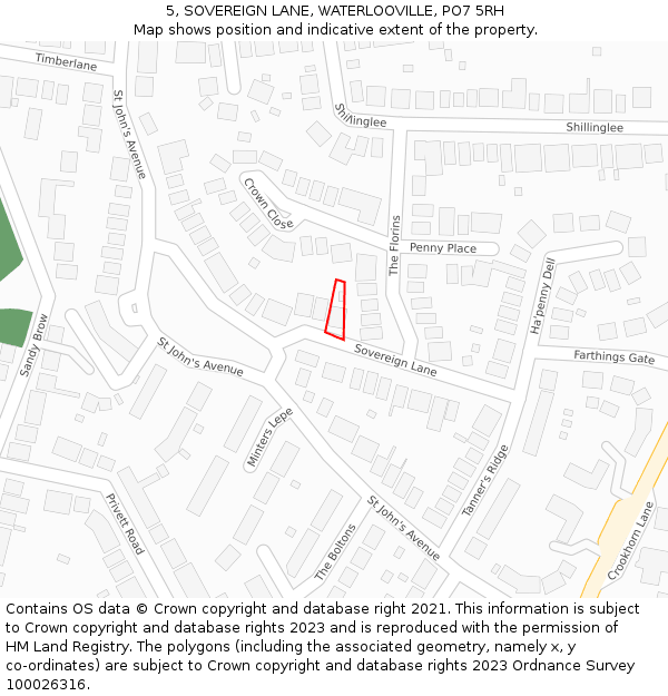 5, SOVEREIGN LANE, WATERLOOVILLE, PO7 5RH: Location map and indicative extent of plot