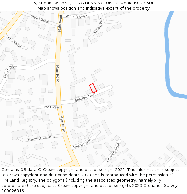 5, SPARROW LANE, LONG BENNINGTON, NEWARK, NG23 5DL: Location map and indicative extent of plot