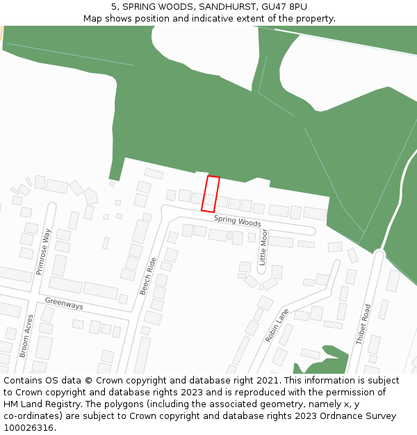 5, SPRING WOODS, SANDHURST, GU47 8PU: Location map and indicative extent of plot