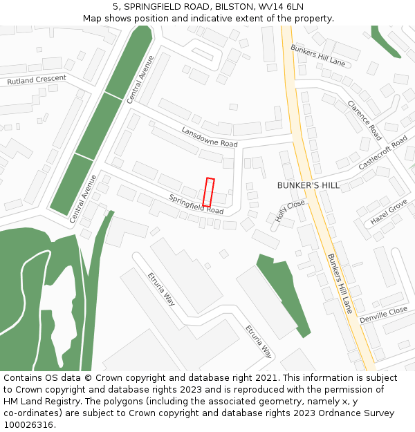 5, SPRINGFIELD ROAD, BILSTON, WV14 6LN: Location map and indicative extent of plot