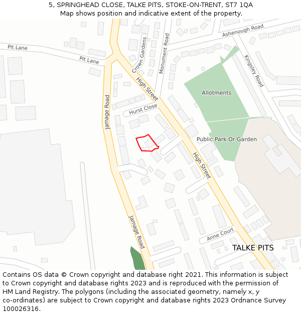 5, SPRINGHEAD CLOSE, TALKE PITS, STOKE-ON-TRENT, ST7 1QA: Location map and indicative extent of plot