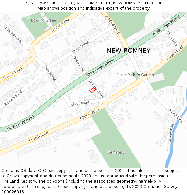 5, ST. LAWRENCE COURT, VICTORIA STREET, NEW ROMNEY, TN28 8DE: Location map and indicative extent of plot