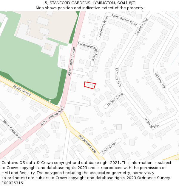 5, STANFORD GARDENS, LYMINGTON, SO41 8JZ: Location map and indicative extent of plot