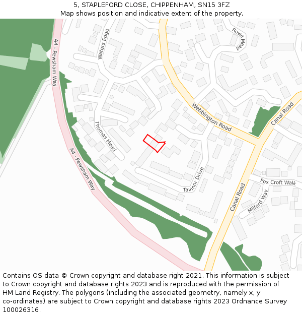 5, STAPLEFORD CLOSE, CHIPPENHAM, SN15 3FZ: Location map and indicative extent of plot