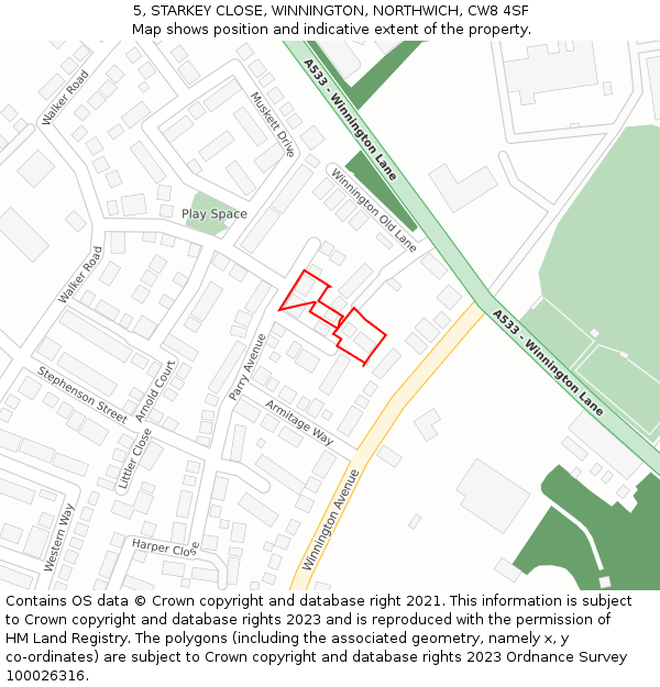 5, STARKEY CLOSE, WINNINGTON, NORTHWICH, CW8 4SF: Location map and indicative extent of plot