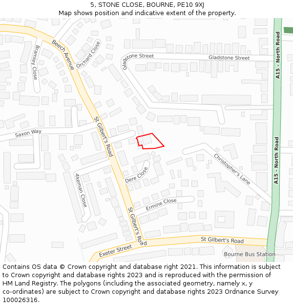 5, STONE CLOSE, BOURNE, PE10 9XJ: Location map and indicative extent of plot