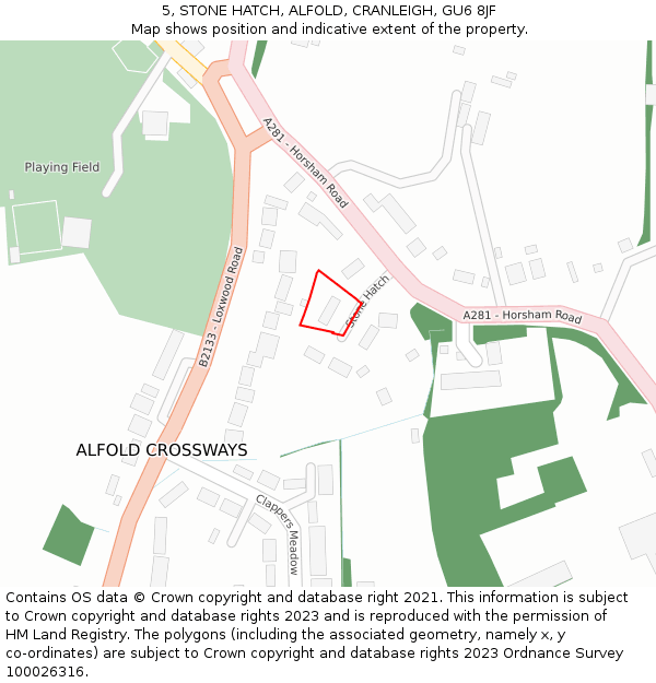 5, STONE HATCH, ALFOLD, CRANLEIGH, GU6 8JF: Location map and indicative extent of plot