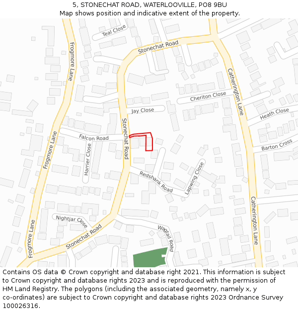 5, STONECHAT ROAD, WATERLOOVILLE, PO8 9BU: Location map and indicative extent of plot