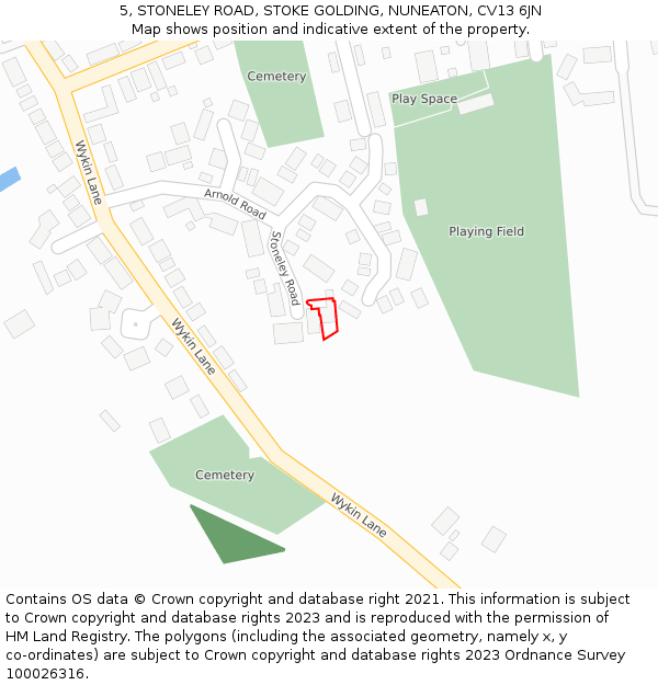 5, STONELEY ROAD, STOKE GOLDING, NUNEATON, CV13 6JN: Location map and indicative extent of plot