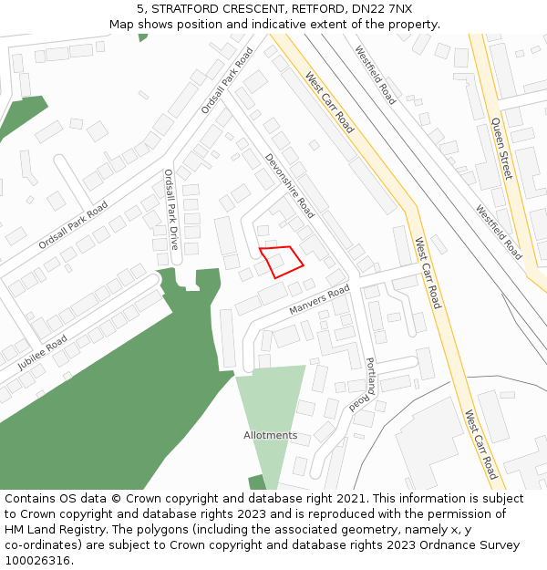 5, STRATFORD CRESCENT, RETFORD, DN22 7NX: Location map and indicative extent of plot