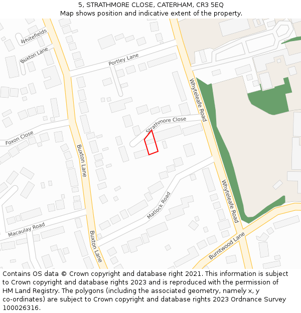 5, STRATHMORE CLOSE, CATERHAM, CR3 5EQ: Location map and indicative extent of plot