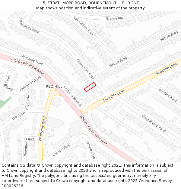 5, STRATHMORE ROAD, BOURNEMOUTH, BH9 3NT: Location map and indicative extent of plot